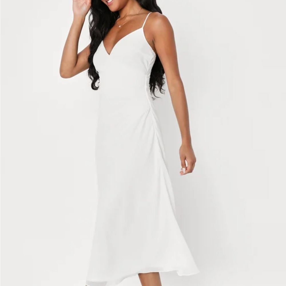 Lulu’s White Midi/Tea Length sleeveless Spaghetti Strap Midi Dress (NWOT)